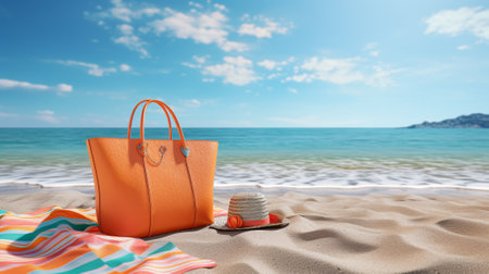 A beach bag with accessories, with a beach in the backdrop. Vacation and tourism concept. AI Generated.の素材