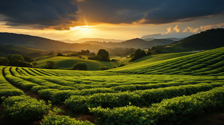 An expansive view of a soybean farm's agricultural field against a picturesque sky. AI Generated.の素材