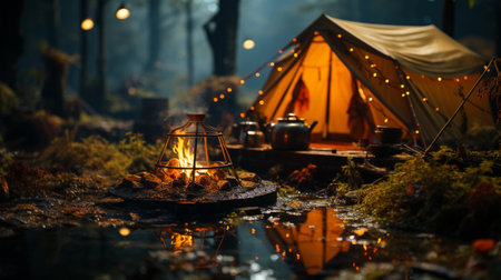 A close-up of a small kettle was placed over the campfire with a tent background in the forest. AI Generated.の素材