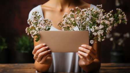 Female hands holding a blank envelope or paper sheet with a flower backgroundの素材