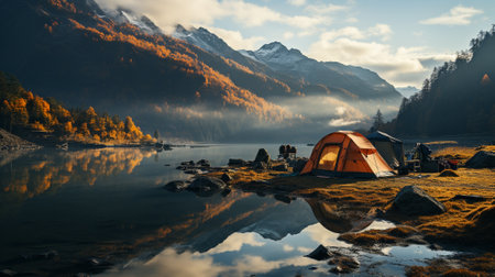 Tent and mountains in the background at mountains with misty in the morning. AI Generated.の素材