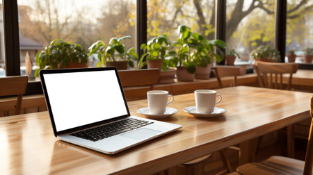 A laptop with a blank screen and a coffee cup on a wooden table. AI Generated.の素材