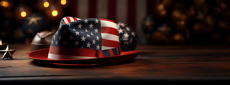 Celebrate Independence Day with a Patriotic red, white, and blue hat on a rustic wooden table. Vintage American holiday decor. AI Generated.の素材