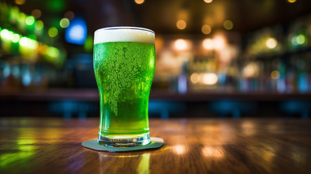 St. Patrick's Day holiday celebration green beer at a bar. Space for text. AI Generated.の素材