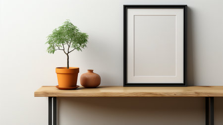 Frame mockup in empty in the living room, clean and modern design, versatile for showcasing artwork or photographs, minimalist aesthetic. AI Generated.の素材