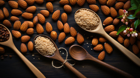 Top view of almonds on a table. AI Generated.の素材