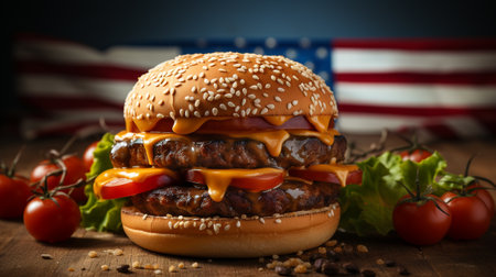 Hamberger with a USA flag background. Close-up, American Holiday. AI Generated.の素材