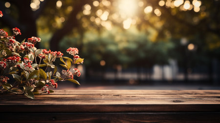 Empty wooden table in summer in the park, Natural light. Space for text. AI Generated.の素材