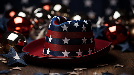 Celebrate Independence Day with a Patriotic red, white, and blue hat on a rustic wooden table. Vintage American holiday decor. AI Generated.の素材