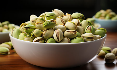 Pistachio nuts in white bowl on wooden table, shallow depth of fieldの素材
