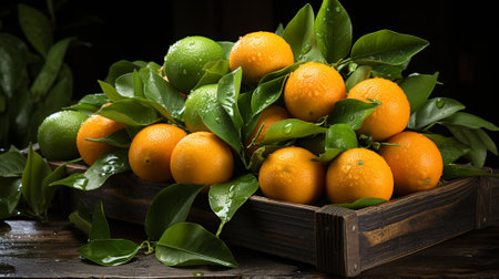 Fresh tangerines with leaves in a wooden box on a dark backgroundの素材