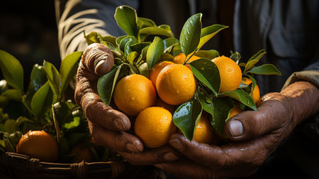 Close up of tangerines in the hands of an elderly manの素材
