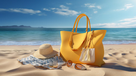 Beach bag, straw hat and sunglasses on the beach. 3d renderingの素材
