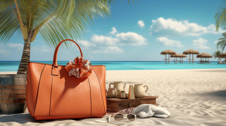 A beach bag with accessories, with a beach in the backdrop. Vacation and tourism concept. AI Generated.の素材