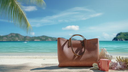 A beach bag with accessories, with a beach in the backdrop. Vacation and tourism concept. AI Generated.の素材