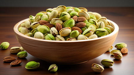 Pistachio nuts in a bowl on a wooden table. AI Generated.の素材