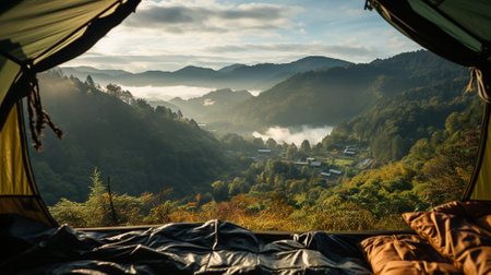 Tent and mountains in the background at mountains with misty in the morning. AI Generated.の素材