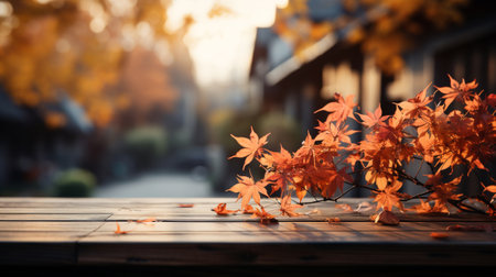 An empty wooden tabletop with orange leaves in autumn seasonal. Space for text. AI Generated.の素材
