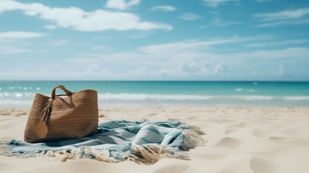 A beach bag with accessories, with a beach in the backdrop. Vacation and tourism concept. AI Generated.の素材