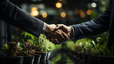Business people handshake of commitment to reduce carbon to net zero by 2050 and sustainable development and business based on renewable energy. AI Generated.の素材