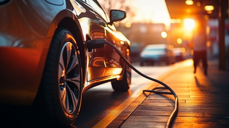 An electric car is charging at a station. Electric car charging station service. AI Generated.の素材