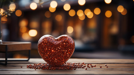 A red heart on a wooden table against a defocused bokeh light background. AI Generated.の素材