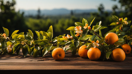 Fresh mandarin oranges or tangerines on a wooden table with an orange garden background. AI Generated.の素材