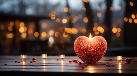 A red heart on a wooden table against a defocused bokeh light background. AI Generated.の素材