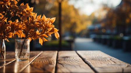 An empty wooden tabletop with orange leaves in autumn seasonal. Space for text. AI Generated.の素材