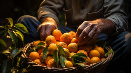 Hands of a male farmer holding a wicker basket with orange tangerines. AI Generated.の素材