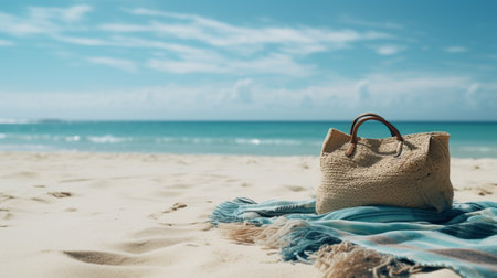 A beach bag with accessories, with a beach in the backdrop. Vacation and tourism concept. AI Generated.の素材