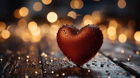 A red heart on a wooden table against a defocused bokeh light background. AI Generated.の素材