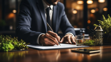 Businessman signing a contract or agreement while sitting at the table in the office. AI Generated.の素材
