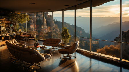 A tranquil living room with panoramic windows, soft natural light, muted colors, blurred background, minimalist decor, cozy atmosphere, high detail, warm and inviting. AI Generatedの素材