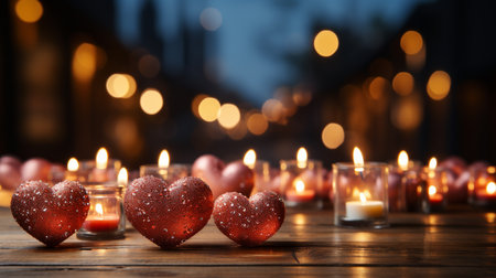 Vibrant red hearts are arranged on a wooden table, set against a background of defocused lights. Celebrate Valentine's Day. AI Generated.の素材
