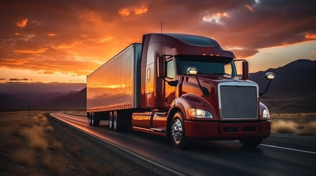 American-style truck on the freeway highwayの素材