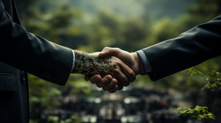 Business people handshake of commitment to reduce carbon to net zero by 2050 and sustainable development and business based on renewable energy.の素材