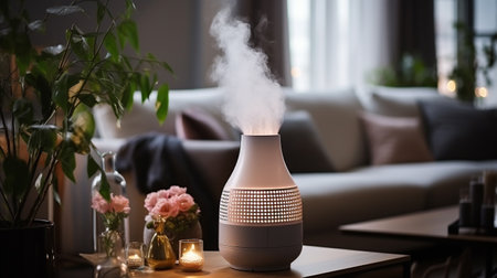 An air purifier in a living room for improving the quality of indoor air. It can help to reduce the risk of respiratory problems, such as asthma and allergies.の素材