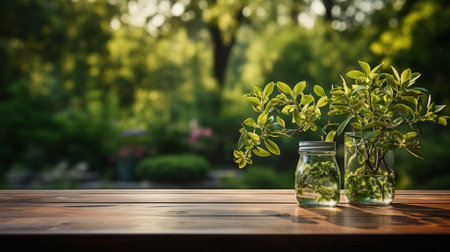 The empty wooden table top with a garden blurred background. Space for text.の素材