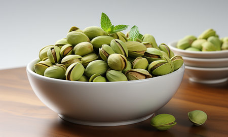 Pistachio nuts in a bowl on a wooden tableの素材