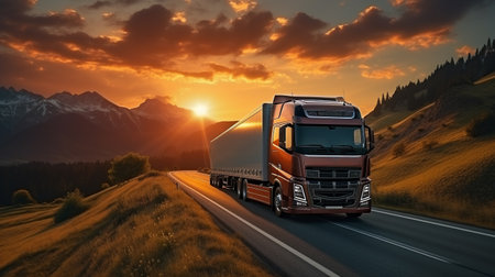 A semi-trailer truck is driving on a long highway, carrying a load of goods, with the sunset in the background.の素材