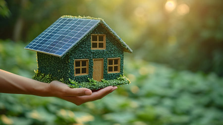 Hands holding a small house with solar panels on the green background.の素材