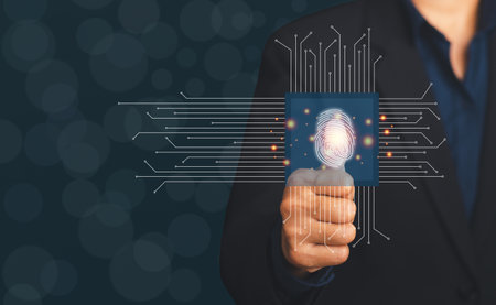 Fingerprint scan provides security access with biometrics identification. Space for text. Business...