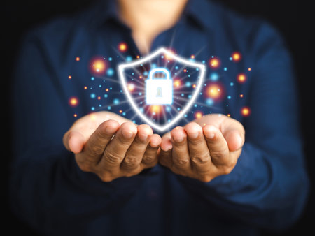 Cyber security firewall privacy concept. Data protection. Padlock icon and internet technology networking. Businessman protecting data personal information on virtual interface.の写真素材