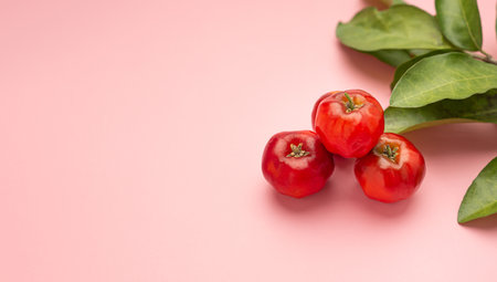 Pile of ripe red acerola cherries isolated on a pink background. High vitamin C and antioxidant fruits. Side view. Space for text. Close-up photo. Concept of healthy fruits.の写真素材