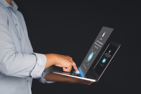 The login page by fingerprint on the virtual screen to the computer system on the laptop. Business,...