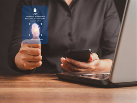 Businessman scans fingerprint biometric identity to access personal data. The future of security and...