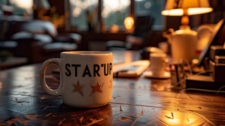 A warm, inviting startup office setting featuring a large coffee mug labeled STARTUP. AI Generated.の素材