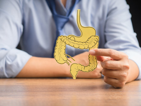 Hand holding a large intestine shape made from yellow paper. Treatment and prevention of...