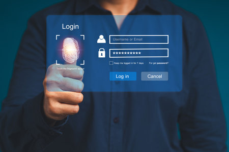Scan fingerprint biometric identity to access personal data on a virtual screen. Login page username...